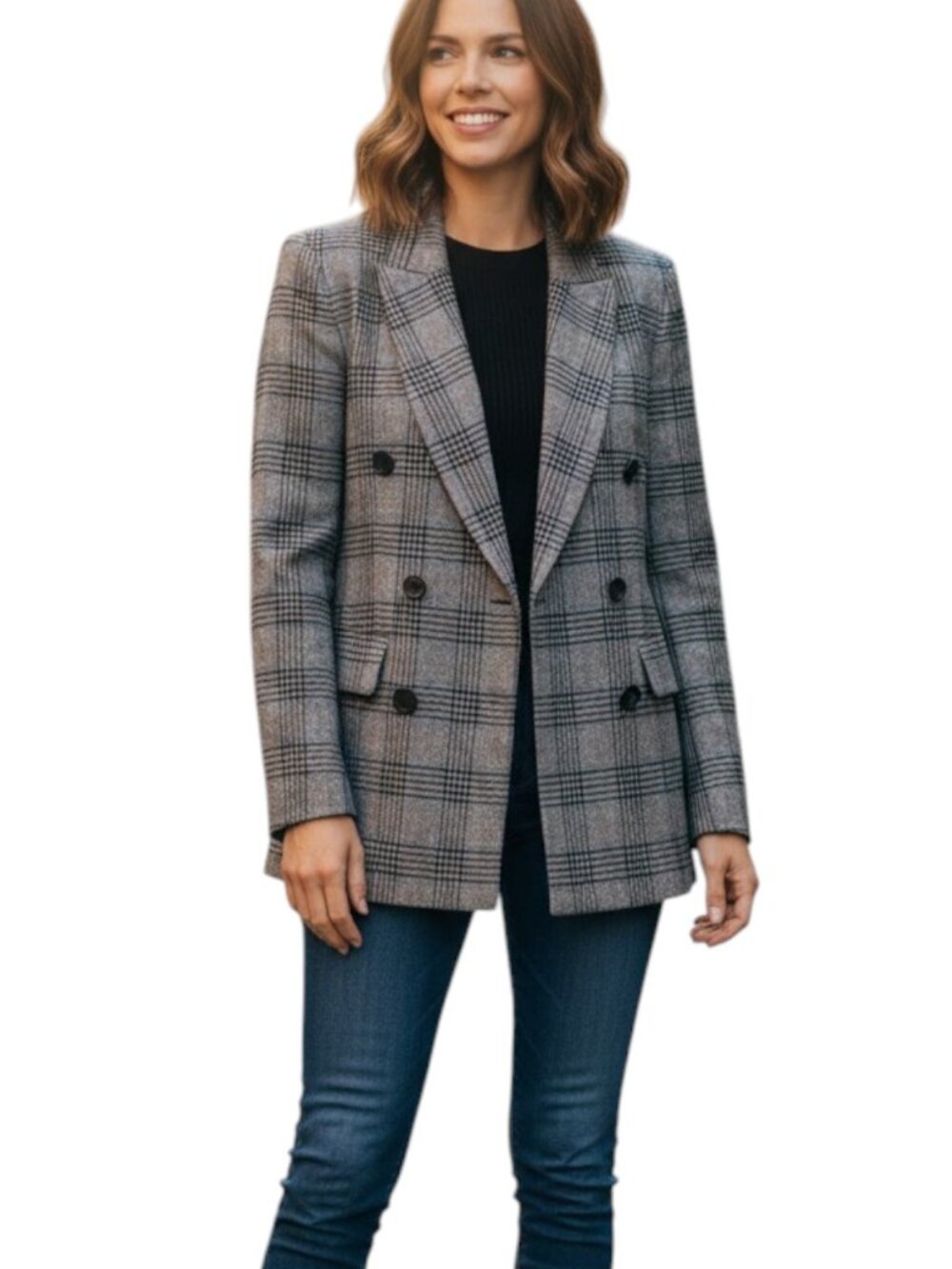 Abercrombie and Fitch Gray Black Plaid Double Breasted Blazer
